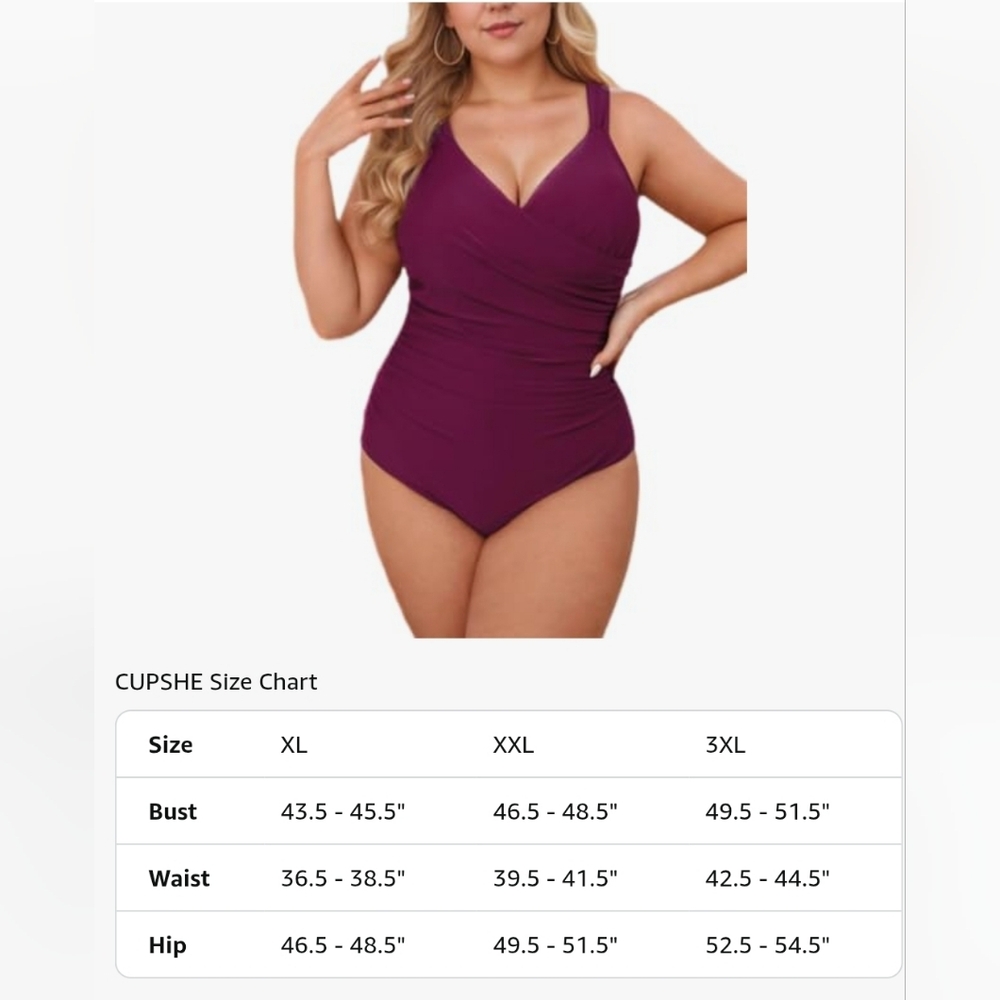 3XL Women‘s Swimsuit Plus Size Tummy Control V Neck Wine Color - Picture 6 of 7
